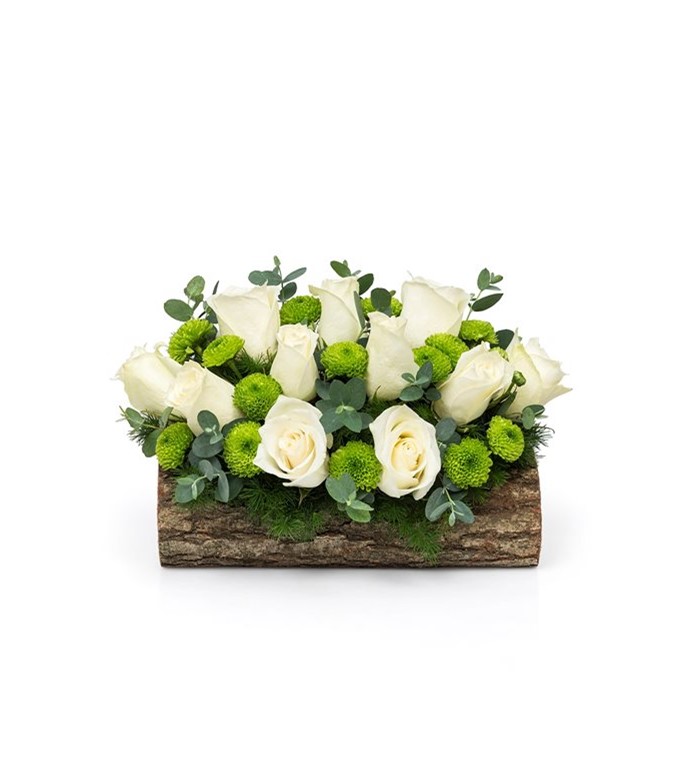 Dekoratif Kütükte Beyaz Güller Özlüce Çiçekçi En Yakın Çiçekçiniz